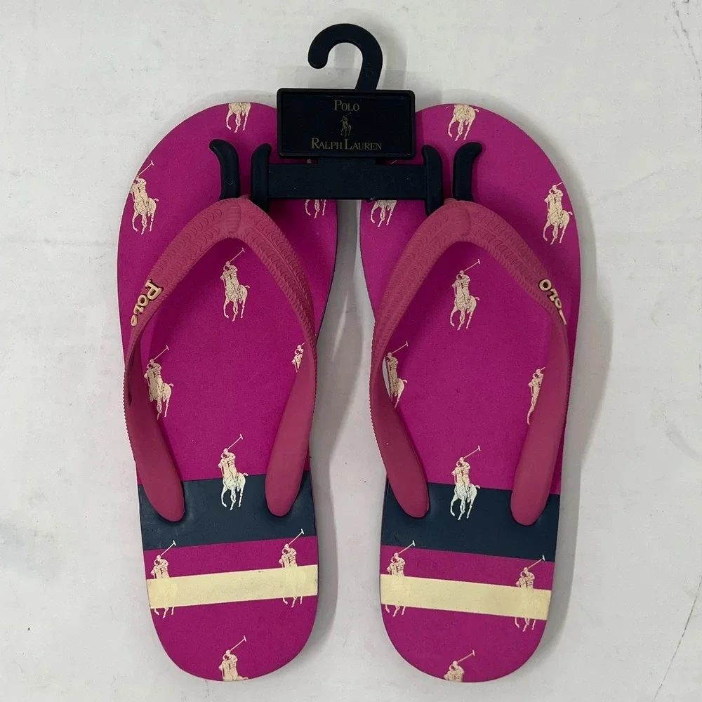 Polo Ralph Lauren Unisex Junior Flip Flop Pink/Ivory Pony Logo US Size 4 VTG NEW
